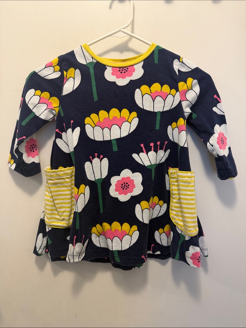 Girls Mini Boden Navy Floral Pocket Tunic Top with Yellow Trim